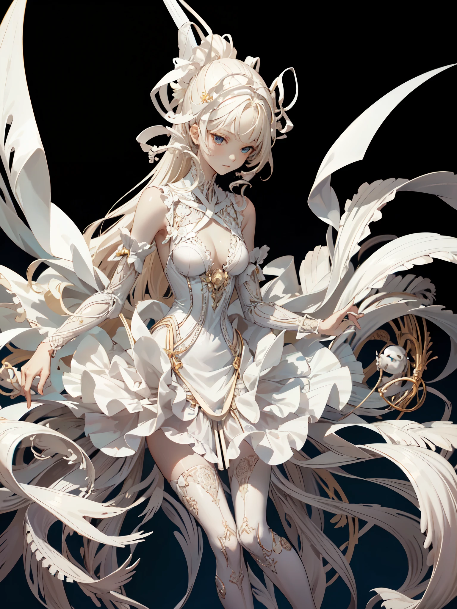 (((((カメラを見る)))))、bones carving skin, bones, pale skin, bone hair ornament, monster girl, skeleton,, ultra detailed, masterpiece, best quality,, solo, soft smile, light smile,
1girl, blue eyes, very long hair, blonde hair, long blonde hair, french braid, bangs, medium breasts,, hair ribbon, frilled choker, criss-cross halter, sleeveless dress, high-waist skirt, backless dress, waist bow, detached sleeves, frilled sleeves, wide sleeves, pantyhose, patterned legwear, mary janes,