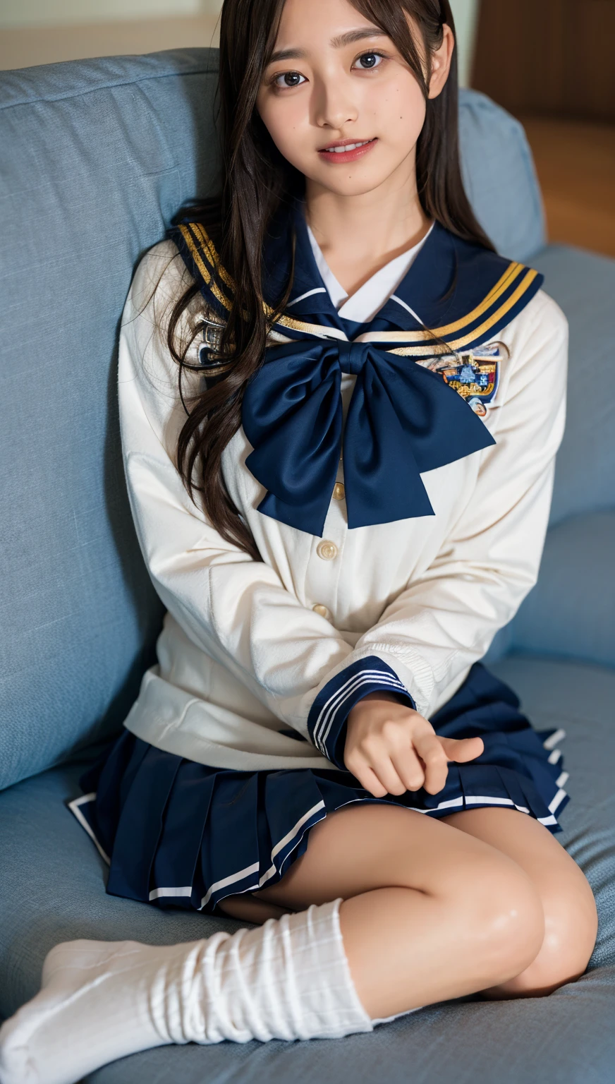 ((highest quality、8k、masterpiece:1.3)),((((fullbody shot)))),Ultra-high resolution,big eyes,Japanese,bangs,(a girl),(1 girl),(()),((cute)),pretty,((facing at viewer)),(long hair),(((black sailor uniform))),grin,(sitting on sofa),(pleated mini skirt),white socks