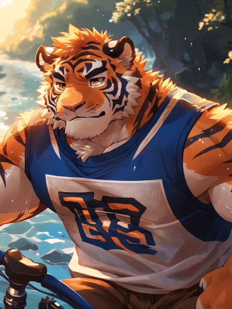 human nature, wild animals, male,36 years old，uncle， solitary, ((round face, The face is plump,Orange eyes,thick orange hair，Scars)), ((endomorph, Handsome，passionate)), (sportswear，Broken clothes), ((domestic tiger, tiger，) Fluffy fur, Fluffy), Bokeh, (high quality, High resolution, masterpiece), (Dynamic lighting, bright colors), (promotion，harm，Contempt), Full body pictures (close up), cartoon, author：Takemoto Arashi, From Zixiong, Through Chun Ni, author：Sky Demon，（background：Rainy forest）((Wearing a white tank top soaked with sweat))，((Brown shorts))。((Riding a blue bicycle))。Expression of determination，Eyes full of determination and strength。在Path in rice fields上，Hot weather at noon。There is sunlight refraction in the upper right corner，((A small river flows by))。((Path in rice fields))，Including hot weather at noon、((Sunlight refraction in the upper right corner and the river flowing through it))