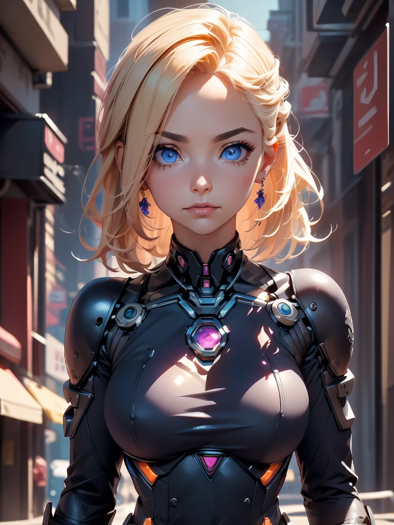 One-sided Cut Layered Bob, (Blonde to Pink Hair: 1.3), ((Transparent Eyes (Purple)), ((Beautiful, Detailed Eyes, Jewel-like Eyes, Shining Eyes: 1.3)) , The female body incorporates mechanical components such as gears, wires and circuits that merge with the female's natural form to create a visually captivating and futuristic aesthetic. The mechanical elements emphasize precision and functionality, with interconnected gears and cogs that work harmoniously with the female physique. Female faces may have cybernetic enhancements such as glowing eyes, neural implants, and metallic facial features that symbolize the fusion of man and machine. This artwork embodies both the strength of a woman and the grace of the human spirit. Lighting and shadows play an important role, enhancing the contrast between organic and mechanical elements and adding depth to the composition. It emphasizes the mechanical nature of the artwork. Background details may include futuristic cityscapes, industrial landscapes, or abstract patterns to further enhance the futuristic feel. Overall, the artwork captures the essence of a woman embracing machine integration, celebrating the possibilities and complexities of a future where humans and technology coexist.