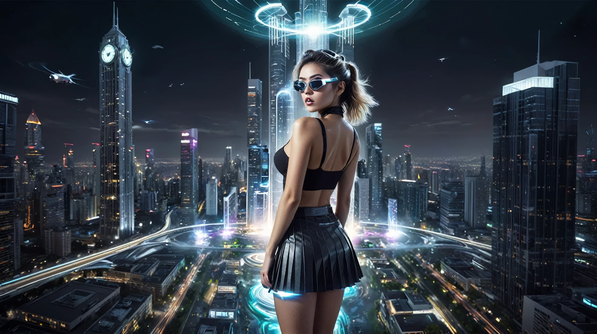 At night, dark sky, (((aerial view of futuristic sci-fi cyberpunk city, skyscrapers, (((((flying vehicle))))), (vortex-spirit-spreading giant ghost hologram (((clock tower))) as time machine), high quality))). Matrix style, (1girl, solo), photo realistic, (((large-breast:1.2 slim body, cleavage:1.3, tube top, very short pleated (((miniskirt))) exposing panty))), (((((matrix style black ((((((sunglasses)))))), aiming at camera with a (laser weapon):0.3))))), (((dynamic pose, half-body (thigh level) medium shot))), cinematic lighting, blur:0.7 background.