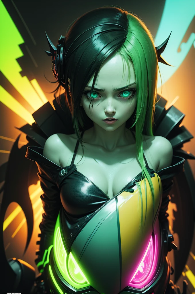 Corpo inteiro, Cyber girl, cybernatic, half of the android body, (solo)(Ela tem grandes olhos azuis brilhantes)(glossy and red lips) (((longos cabelos lisos verdes)))(Dark shadows compose)((Seios muito enormes)) (Corpo fino perfeito) ((wear mini bikini and gloves)), (coroa) ((Posando sexy)) (master part, High definition, Volumetric lights and dynamic shadows)((master part))(8k)(rosto perfeito)(ultra detalhes) (perfect hands, olho, e rosto) (Poder STSR) (liga cogumelo)