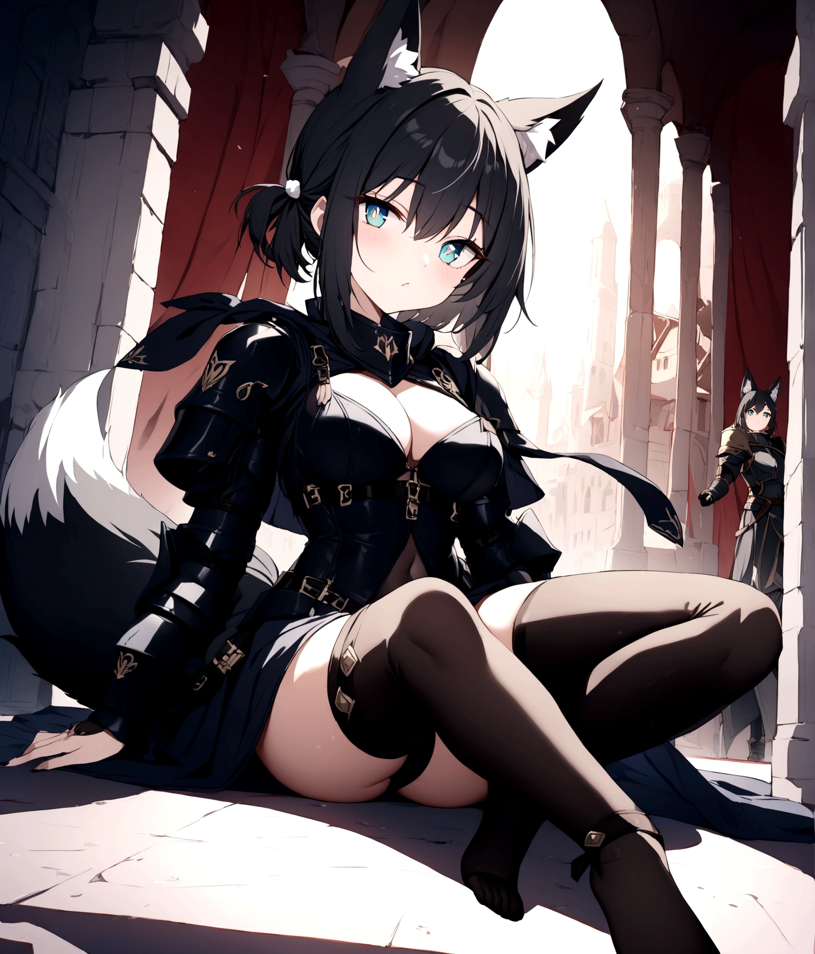 (1girl, Masterpiece, best quality) (detailed and beautiful eyes:1.6) (perfect hands, perfect anatomy) (full body)) (Mature) (Adult) Fox-girl Misaki has ((short black hair)), (Fox-ears). (She wears a black fantasy, medieval adventurer armor with additional coat.) ((She has a **one** black fluffly fox tail.)) She wearing pants. She has over-to-knee socks. Background shows red sky on dessert with gray sand