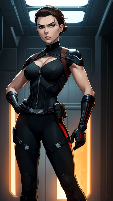 Daisy Ridley as Black Widow, ((Masterpiece)); ((Natural Beauty)); ((Ultrarealistic hazel eyes)); both eyes are similar; ((Ultrarealistic fair white skin)); ((Ultrarealistic small breasts A cup)); Deep Cleavage; ((Ultrarealistic brown short  bun haircut hairstyle)); slim athletic body; ((Ultrarealistic round Asscheeks)); ((Ultrarealistic widow bite black gloves)); ((Ultrarealistic black widow utility belt)); black and red tactical vest; Bright Red stripe accents on the side of the suit; Short sleeve; looking at the viewer;  
She stands with her feet shoulder-width apart, one hand on her hip and the other resting on a weapon holstered at her side. Her short hair is slicked back, and she has an intense, intimidating stare that shows she means business.