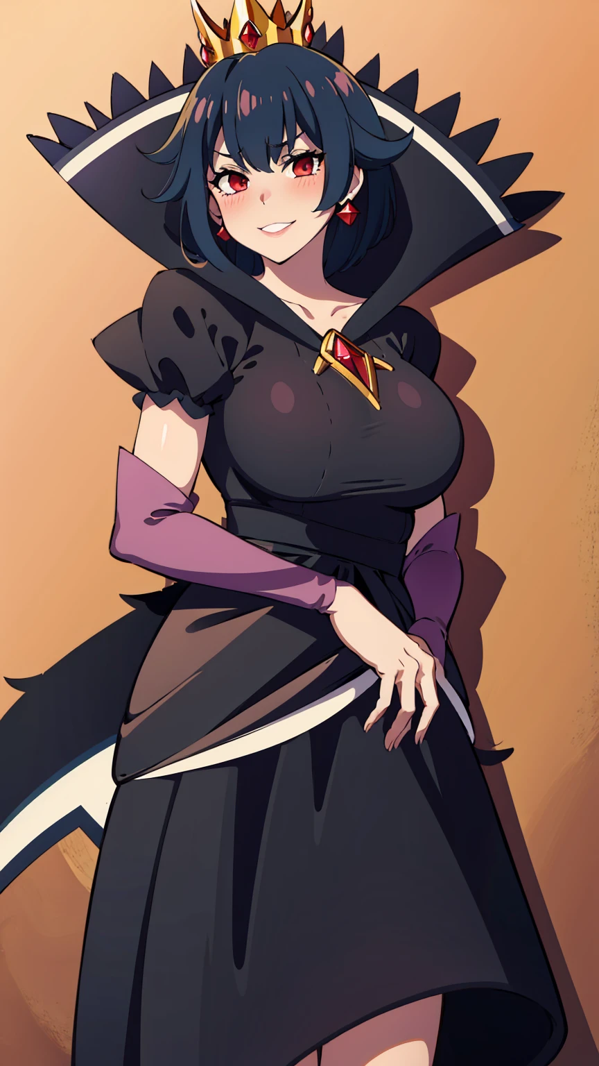 (cowboy shot), (colorful:1.1), (ultra-high resolution, depth of field:1.2), (Tingyun:1.1), solo, fox ears, (puffy fox tail), (black hair), inner pink hair, bangs, green eyes, (red underliner), medium breasts, (long dress), (long black dress with a waist cincher), crossed collar shirt, cleavage, bare legs, (intricate thigh strap), pantyhose, smile, squinting, Chinese garden scenery