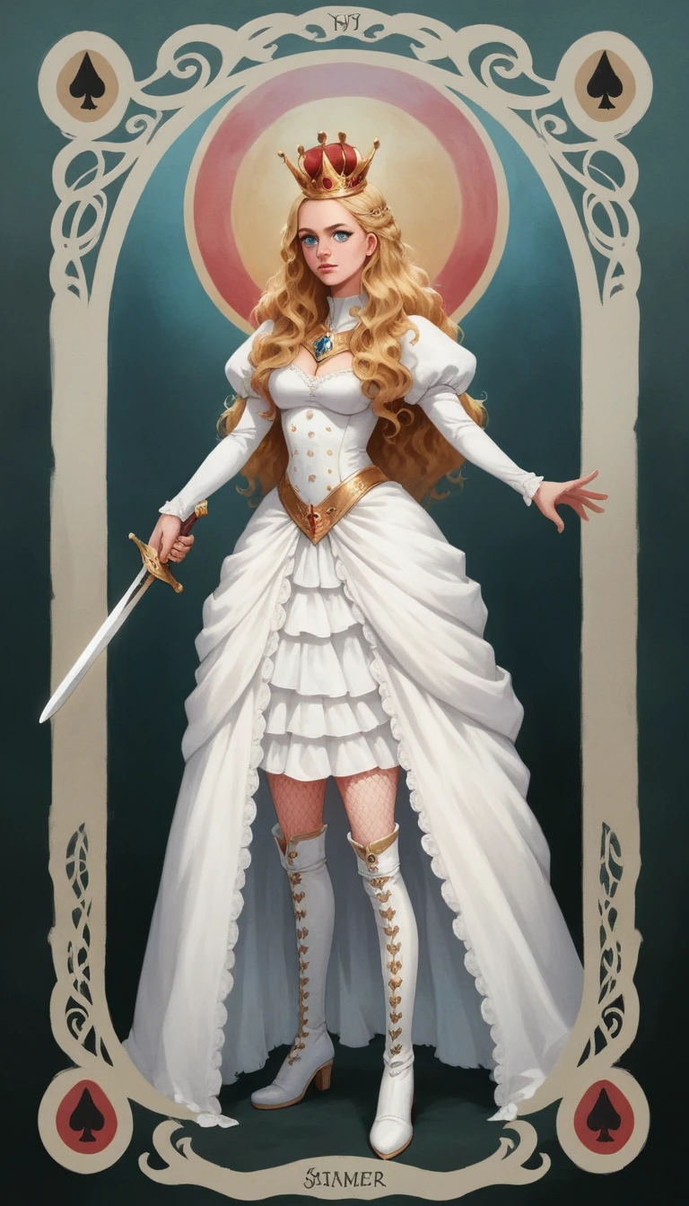 score_9, score_8_up, score_7_up, score_6_up, score_5_up, score_4_up, 
female, (queen:1.2), (holding sword) , (long wavy hair), detailed light blue eyes, eyelashes, frills, (White Queen), (crown, mantle, short white dress, high boots, fishnet stockings),
Full body standing painting, (((solo))), Simple line design, ((tarot card background, symmetric beauty)), perfectly symmetrical, The art of symmetry, floating drawings of characters, ((flatcolors)), tmasterpiecetop Qualities qualtiy