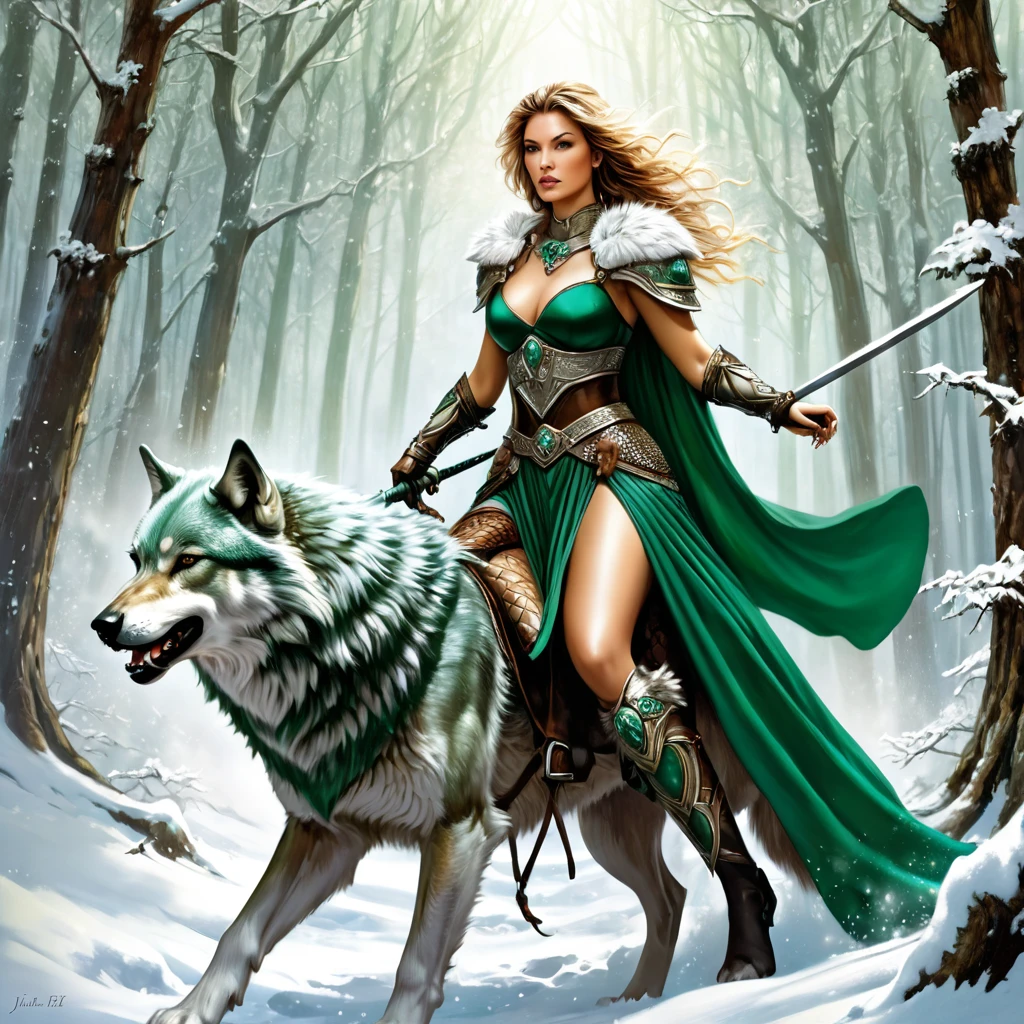 Arafed woman in emerald dress riding a wolf in a snowy forest, airbrush Julie Bell, trends in the CG community, Fantasy art, female warrior, Fantasy woman, красивая female warrior, karol bak uhd, красивая female warrior, woman-warrior, Warrior Princess, female paladin in fantasy style, Fantasy Warrior, hd Fantasy art, Warrior Queen