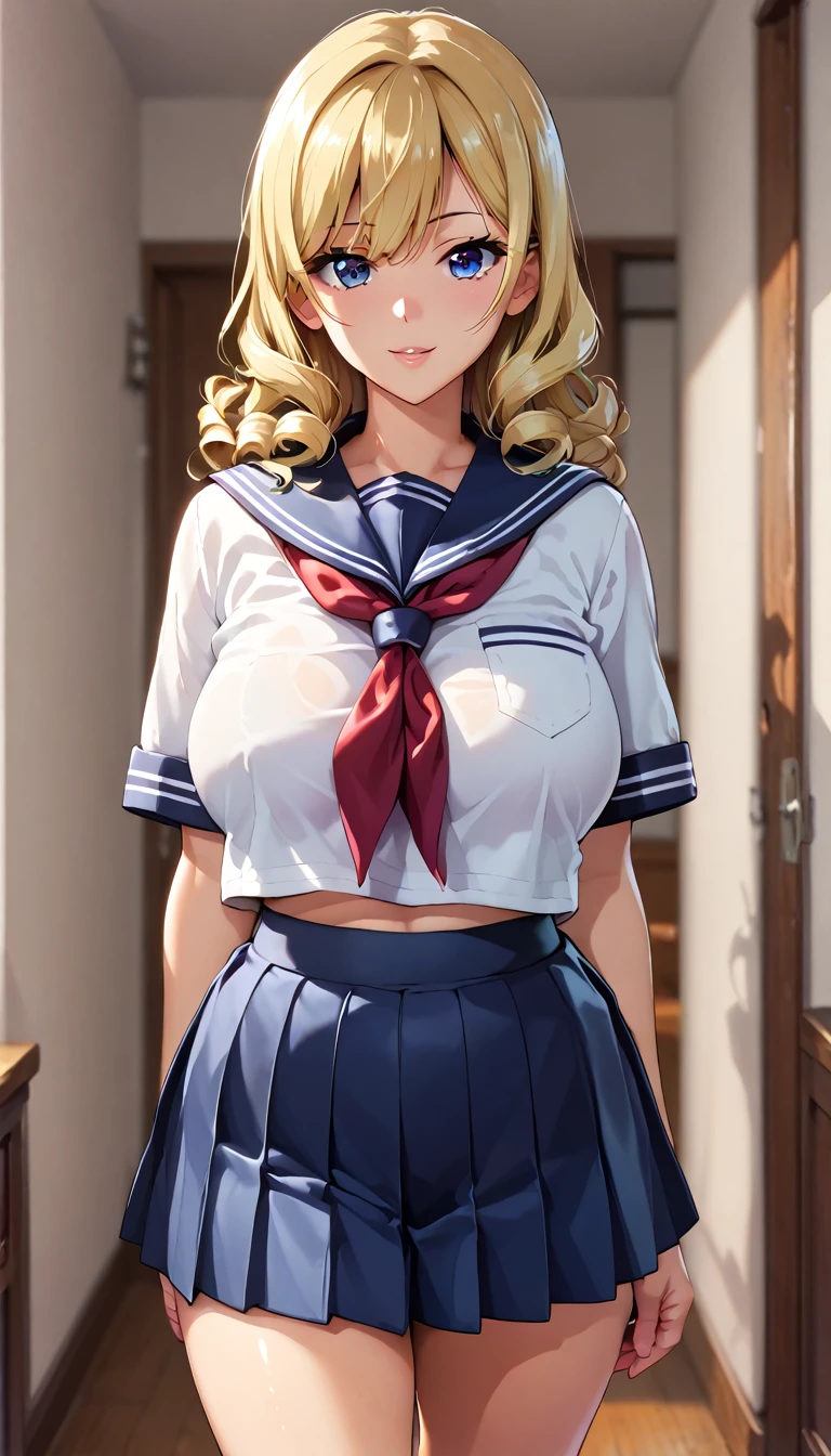 (masterpiece, best quality, ultra-detailed, high resolution, detailed eyes), takeda hiromitsu style, pov, (1woman) (30 years old), {school sailor uniform}, curvy body, large breasts, curly blonde hair, big eyes, looking at viewer, cowboy shot, standing