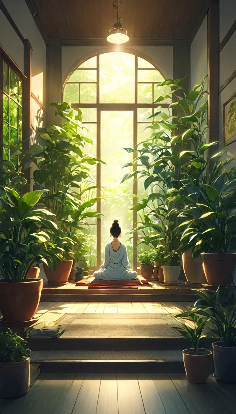 猫に囲まれてmeditationする西洋人. The setting is the interior of a beautiful room filled with potted plants.. Cinema Lighting. meditationしている人. meditation. Ultra HD 