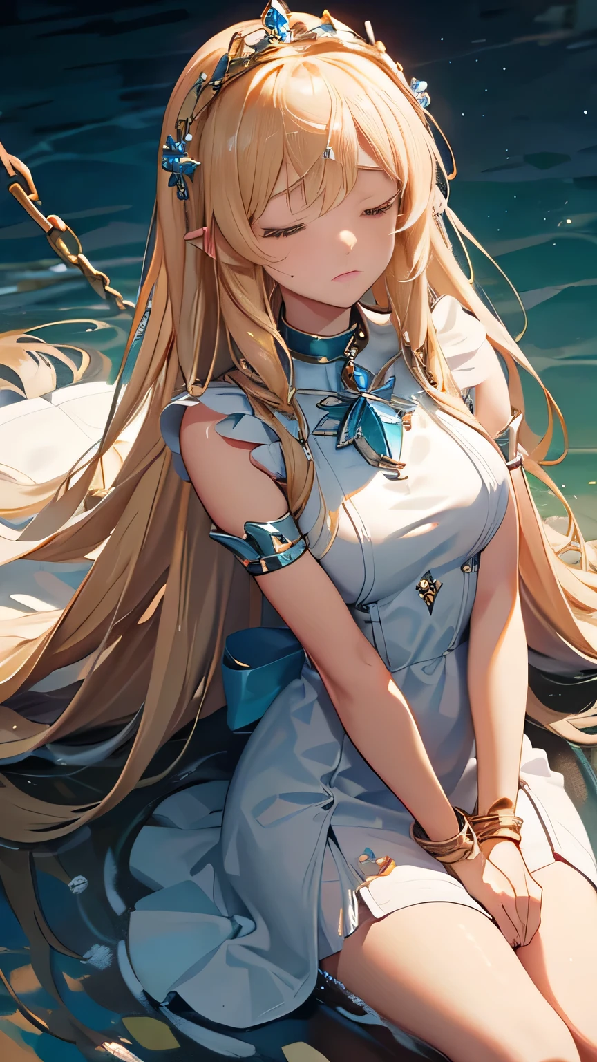 blonde hair, parted bangs, very long hair, crystal hair, tiara, anchor choker, closed eyes, tears, annoyed, glowing light, masterpiece, accurate, textured skin, super detail, best quality, high details, Chained to the ground, ((Andromeda, the princess in chains in Greek mythology)), Chained to a rock where the waves crashed, Pure white dress, (brown skin)