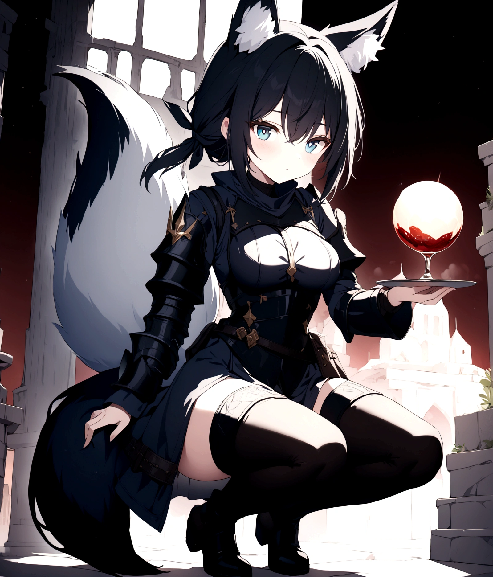 (1girl, Masterpiece, best quality) (detailed and beautiful eyes:1.6) (perfect hands, perfect anatomy) (full body)) (Mature) (Adult) Fox-girl Misaki has ((short black hair)), (Fox-ears). (She wears a black fantasy, medieval adventurer armor with additional coat.) ((She has a **one** black fluffly fox tail.)) She wearing pants. She has over-to-knee socks. Background shows red sky on dessert with gray sand
