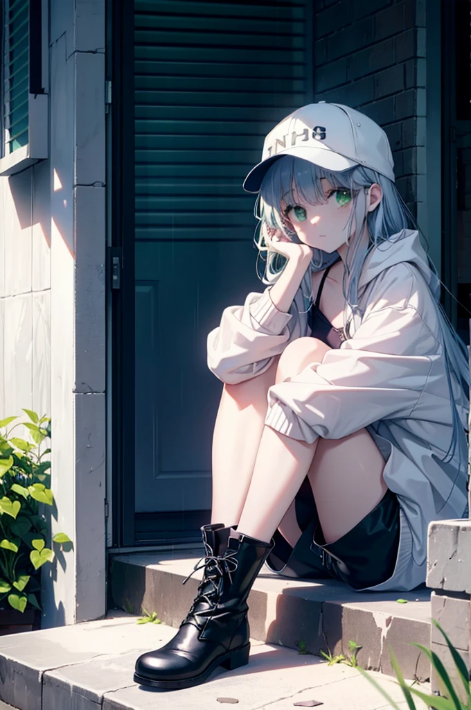 index, index, (Green Eyes:1.5), Silver Hair, Long Hair, (Flat Chest:1.2),Baseball hats,Oversized white hoodie,Shorts,black tights,short boots,Sitting on the steps of a building leaning against a wall,Hiding in a roofed building,rain,cloudy,whole bodyがイラストに入るように,
break looking at viewer, whole body,
break outdoors, In town,
break (masterpiece:1.2), Highest quality, High resolution, unity 8k wallpaper, (figure:0.8), (Beautiful attention to detail:1.6), Highly detailed face, Perfect lighting, Highly detailed CG, (Perfect hands, Perfect Anatomy),