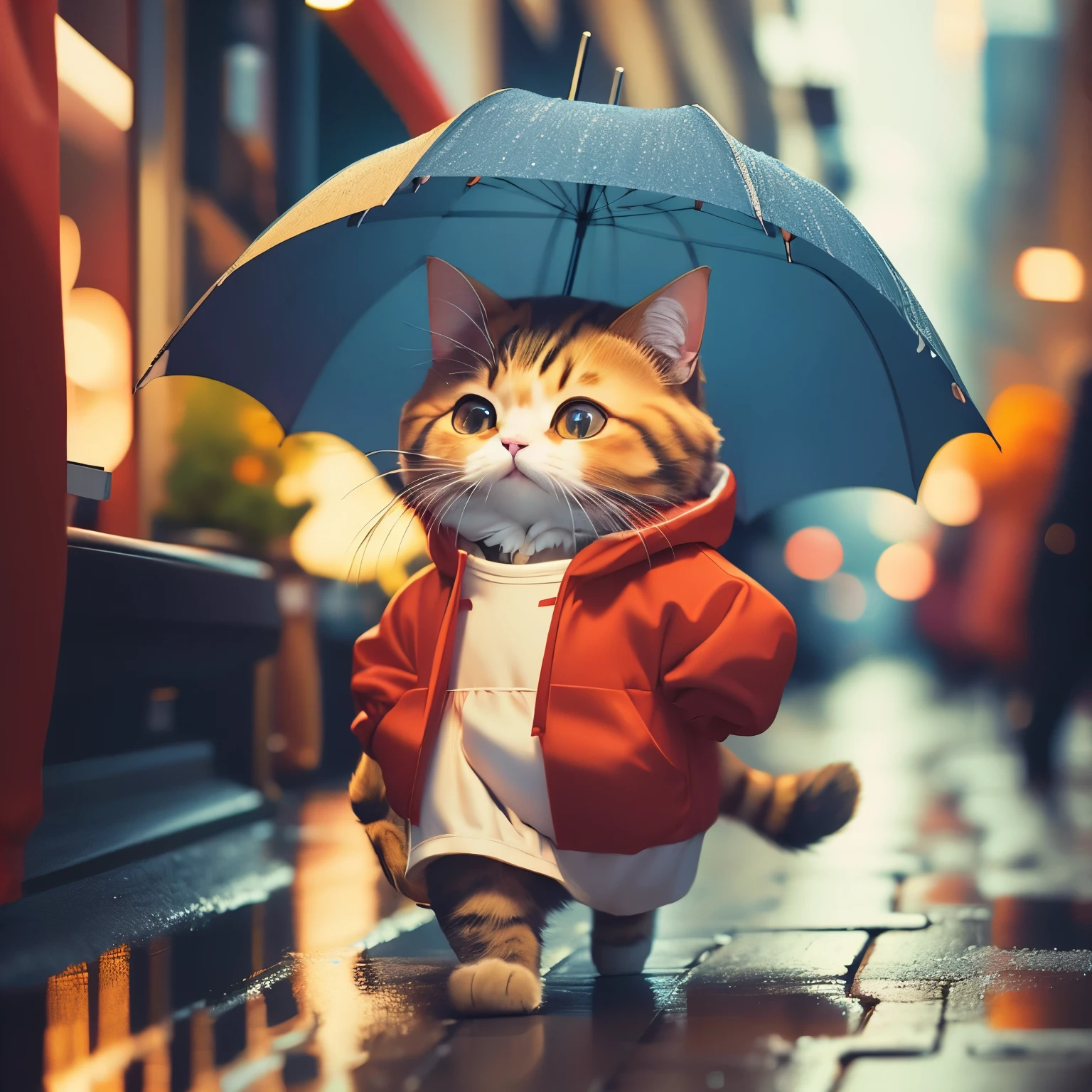 Fluffy brown cat, Highly detailed cat and fur, Wearing a blue and red hoodie,Walking the streets with an umbrella, Highly detailed images, Kodak 400, Atmospheric light, 50mm lens