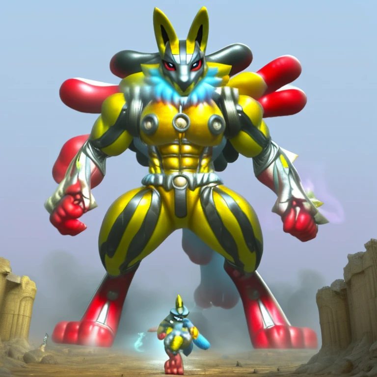 (masterpiece. official art. 8k. best quality. detailed full body. full body.)
(situation 1 : dominating mega lucario. focus GIANT mechanical Muscular mega lucario is trampling the CITY. macro. stomp. Low-angle perspective. emphasizing the immense size. The perspective is from below, emphasizing the sheer majesty and power of the Giant. giant art. He is much bigger than a skyscraper. Giga Giants. micro soccer field. looking down.)
(situation 2 :smoke and flames rising from the destruction in the city)
(Additional details 1: wearing a full-face helmet. high-tech bio-mecha armor. real texture material. whole body shines like metal. Wearing cyberpunk mecha. emphasizes the muscles. suit fully made of metal. intricate armor. Robotic suit. suit fully made of metal. cyborg. Powered exoskeleton with the same design as mega lucario).
(Additional details 2: (Detailed head. Detailed Body. Detailed abs. gigantic muscles. HYPER MUSCLES. Gigachad Muscular. big muscle. pecs. triceps. traps. unusually developed muscular body. body full of huge muscles. showing off muscles. pectorales enormes. Exaggeratedly huge muscles. huge muscles. long legs.).