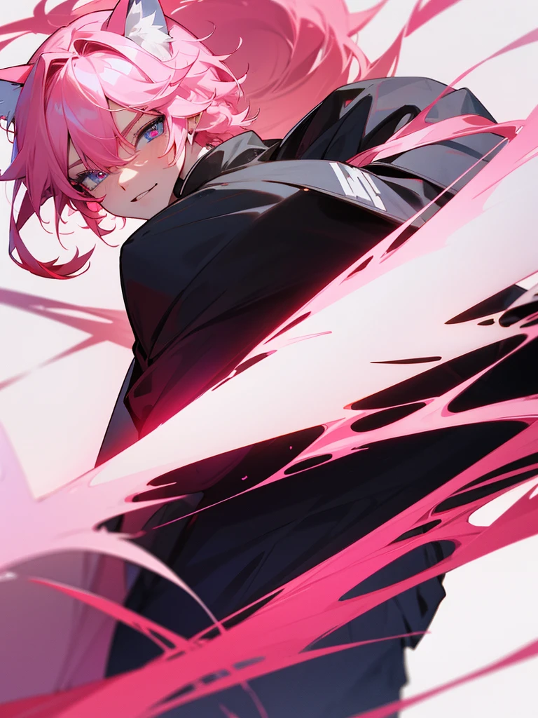 male character, animesque, Popular Characters, Official Visual, Detailed artwork, Dynamic Angle, Beautiful visuals, fullllbody, bromide, 1boy, pixiv popularity, fanart, Navy blue hair, Pink eyes, Outer hair 1:3, Medium hair, Bunched hair, Beautiful young man, Mature youth, Beautiful face, a handsome, see the beholder, radiant eyes, Active, Shy laughter, Black t-shirt under green mod coat, Back alleys in the city, Dim back alley, Behind the building,