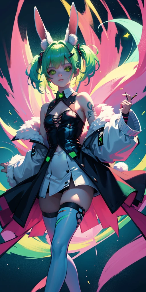 Rabbit technique , Science Fiction, Fluffy , 
1 girl, Tattoo, Glowing tattoo, Glowing eyes, Colorful glowing hair , Full body love, Green Hair,
  Kawaiitech, Soft colors, Kawaii, Lovely colors,