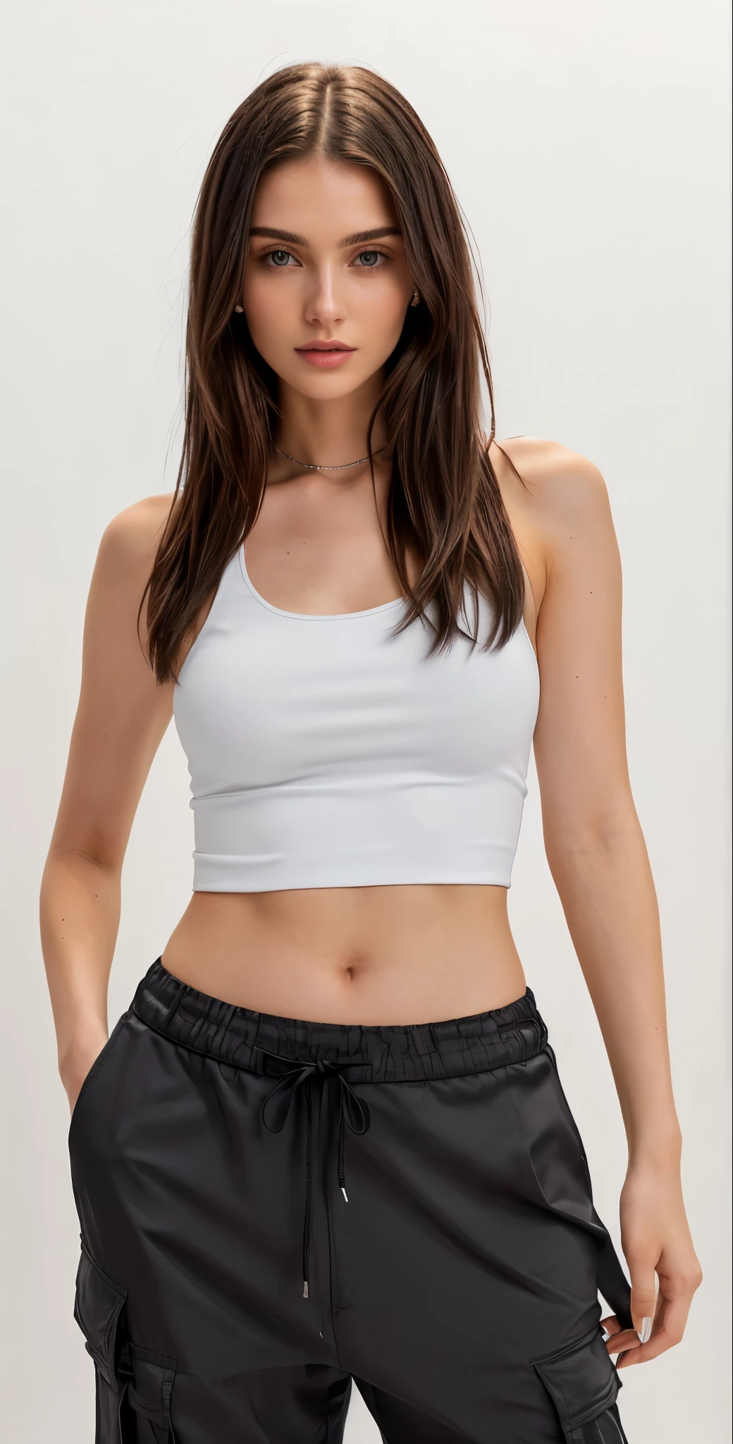 a close up of a woman in a White top and black cargo pants, top cut, white halter top, White top, wearing top cut, usando um top cropped sexy, white top, thin girl model photo, fit delicate figure, wearing a black cropped tank top, wearing tank top, 2 4 year old female model, halter top