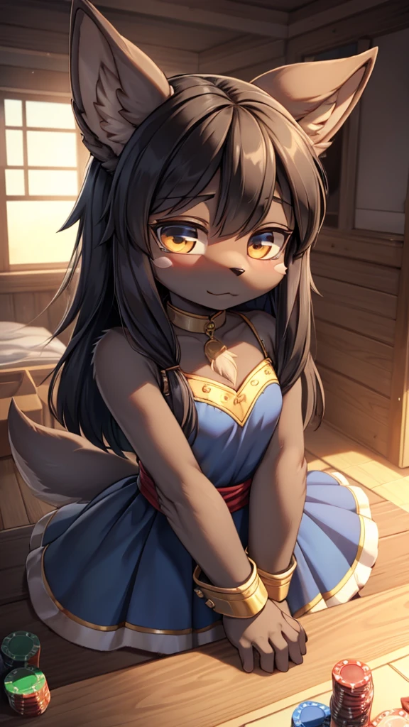 Wolf Girl，Black hair，Dark Skin，Dark skin，全身Black hair，furry，furry，hairy，hairy，cold表情，cold，cold，Three No，Three No女孩，Wolf ears，Wolf Tail，Long hair，Long hair，cold，loli，cute，Dress，晚Dress，Noble style，Indoor background，Poker face，cute，Dress，Close-up above the waist，Upper body close-up，flat chest，flat chest，a cup