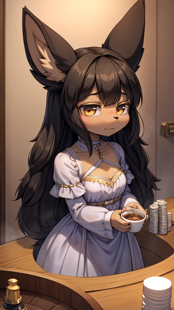 Wolf Girl，Black hair，Dark Skin，Dark skin，全身Black hair，furry，furry，hairy，hairy，cold表情，cold，cold，Three No，Three No女孩，Wolf ears，Wolf Tail，Long hair，Long hair，cold，loli，cute，Dress，晚Dress，Noble style，Indoor background，Poker face，cute，Dress，Close-up above the waist，Upper body close-up，flat chest，flat chest，a cup