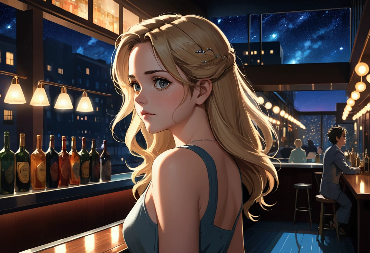 Uses Makoto Shinkai&#39;The depiction is perfect,Portrait of Kate Beckinsale,8k 4k masterpiece photo ,new york,Glass ceiling jazz bar,I can see the twinkling stars through the glass window.,that&#39;Outside in the dark night,Jazz is playing,Profile close-up,Beautiful profile,Calm expression,Semi-long hair,Blonde,Look in a different direction,Standing alone at the counter,silver dress,Large bust