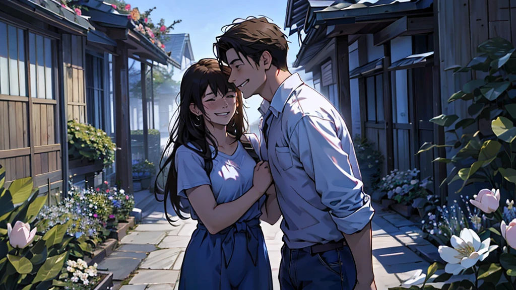 Scene 7:

Visual Description: The young man embracing a woman tightly, with both of them smiling through their tears.
Character Appearance: The Young man and woman, both looking relieved and happy, wearing casual clothes.
Background: A beautiful garden filled with blooming flowers, under a clear, bright sky.