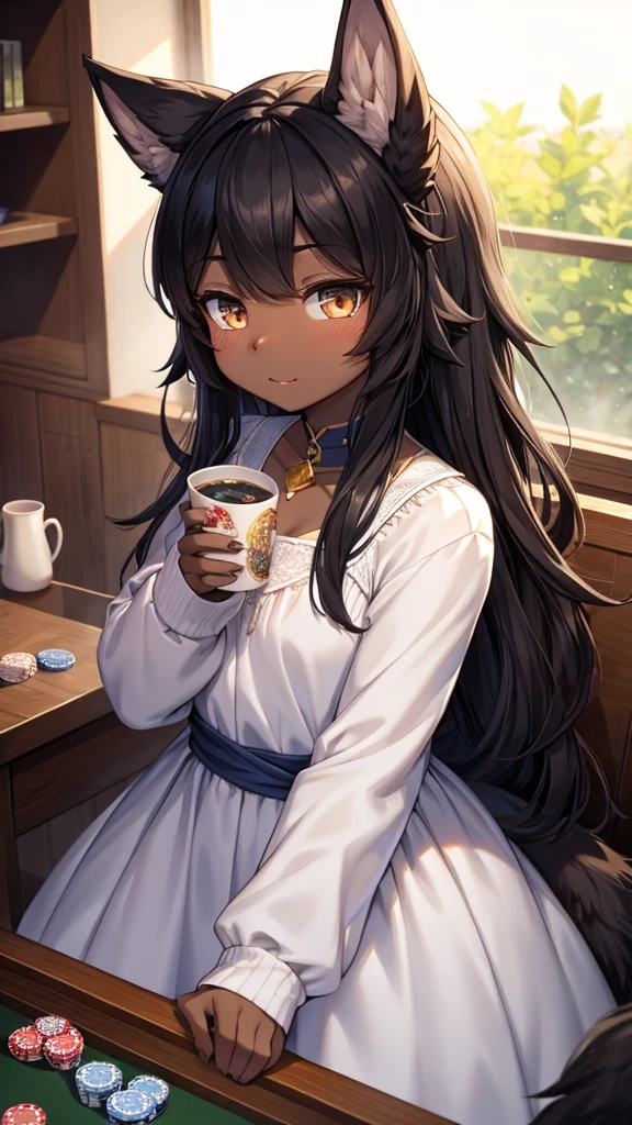 Wolf Girl，Black hair，Dark Skin，Dark skin，全身Black hair，furry，furry，hairy，hairy，cold表情，cold，cold，Three No，Three No女孩，Wolf ears，Wolf Tail，Long hair，Long hair，cold，loli，cute，Dress，晚Dress，noble风格，Dress裙，Long sleeve dress，Indoor background，Poker face，cute，Dress，Close-up above the waist，flat chest，flat chest，a cup，Wolf ears，big ear，Dark Skin，Dark skin，noble