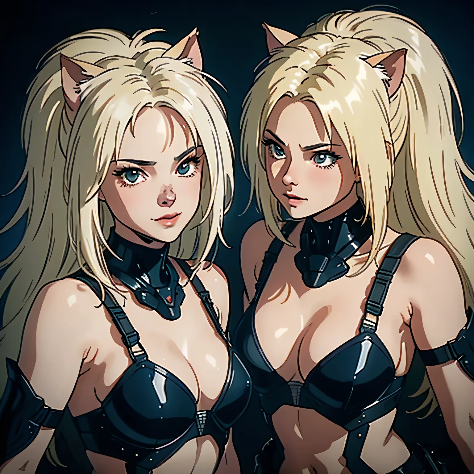 ((Highest quality)), ((masterpiece)), (Familiar), (High resolution), 8K, Perfect Face、2Women、Two blonde women wearing cat ears、((Two people eating chur))、rest、smile、relax、expensive、2 blonde cat ears、 Long Hair、 Volume Hairstyle、Large Breasts、Tight waist、Big Ass、glamorous、Fascinating、protector、armor、Combat Uniform、Combat Boots、Armament、Equipped with large firearms、Cinematic、Best Shadow、Side lighting、NEO TOKYO、tank、(Face close-up)