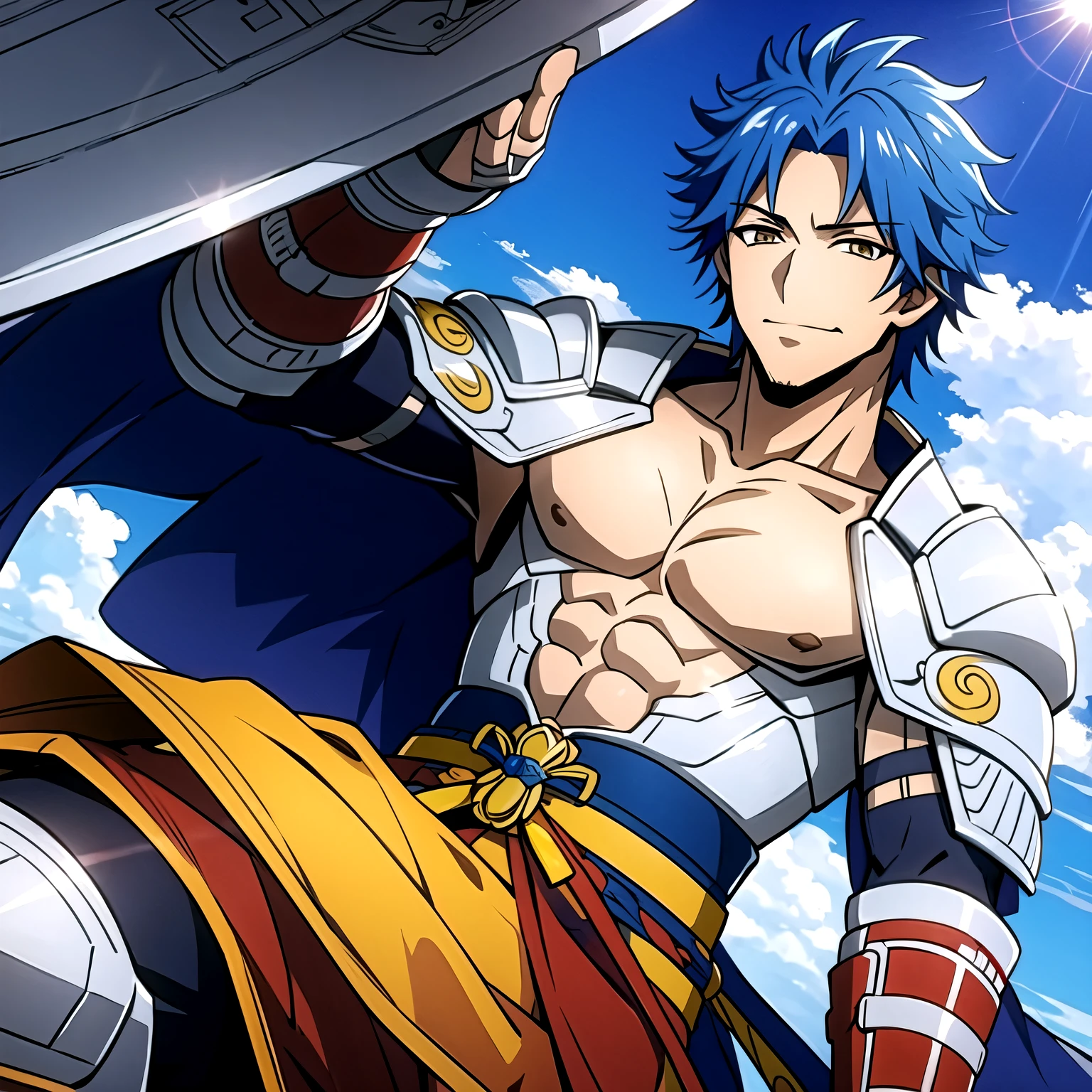 (masterpiece, best quality:1.2), 1boy, naotora takeda, orient, male focus, armor, 
belt, blue hair, shoulder armor, holding, looking at viewer, pectorals, chinese world, blue sky, sky, shining sky, smile, solo , yellow eyes