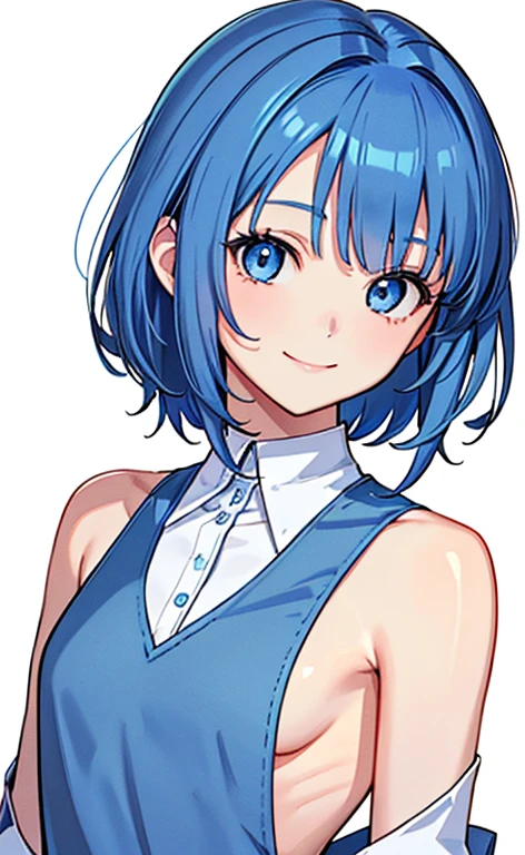 (masterpiece:1.5、Photorealistic:1.4,anime coloring:1.4、high resolution:1.4)、,(spot light:1.2、Exquisite beautiful eye:1.5,)、(stand:1.5)、()、(upper body:1.5)、
(kind eyes、tareme:1.4),()、(Cute Face)、(blue hair:1.5)、(middle hair:1.5),(sidelock :1.6),(blunt bangs:1.3),(1 girl)、(blue eyes:1.2)、(light smile:1.5),(Face up:1.5)、(solo)、() ,(),(small breasts),(),(Shoulderless shirt:1.5),()、()、()、Slim Body(),Shiny Hair、
