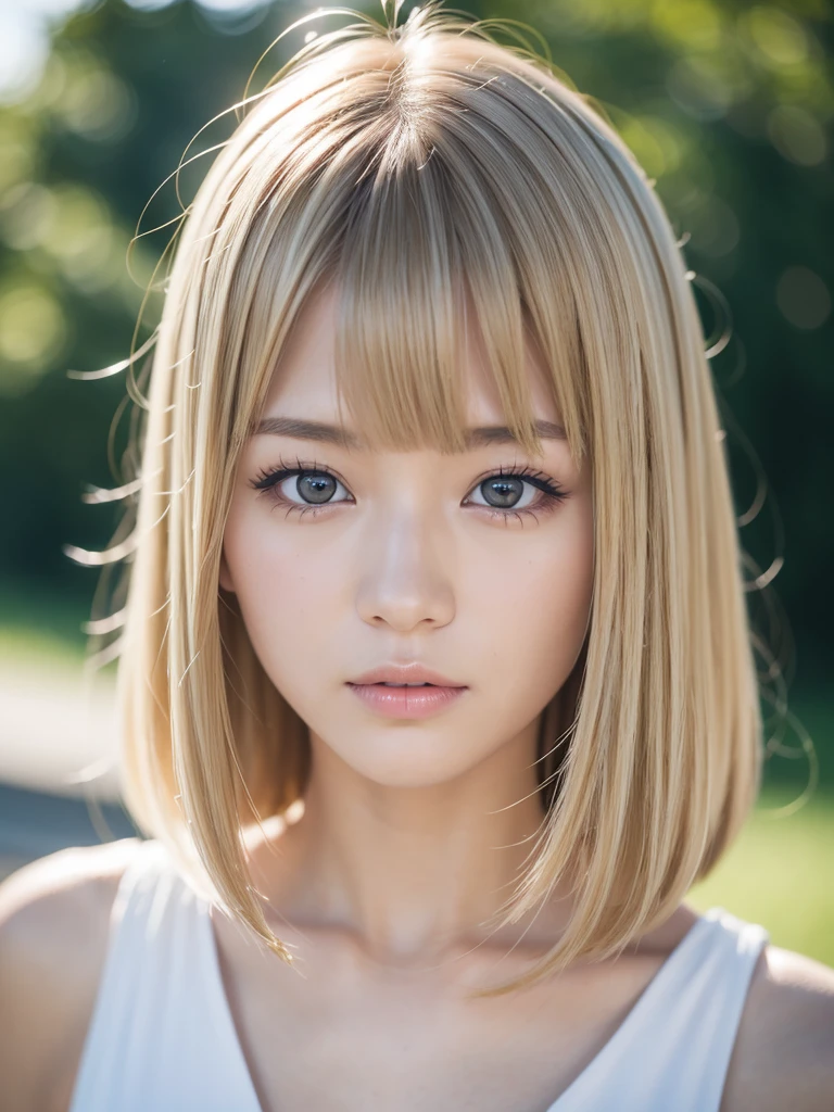 8k, raw photo, fujifilm, Anime style photography of a young Asian and Russian girl merged into one face (very detailed skin: 1.2) Style-Petal BREAK short hair, blonde hair with colored highlights, wearing a dress, film grain, 35mm, beautiful style