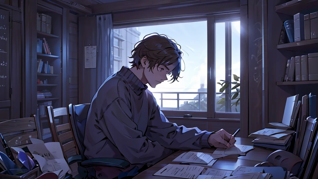 Scene 8:

Visual Description: The Young man sitting at a desk, writing a letter with a serious expression.
Character Appearance: The same man, now sitting at a wooden desk, wearing a cozy sweater, concentrating on writing.
Background: A quiet room with bookshelves and a window showing a serene garden outside, sunlight streaming in.