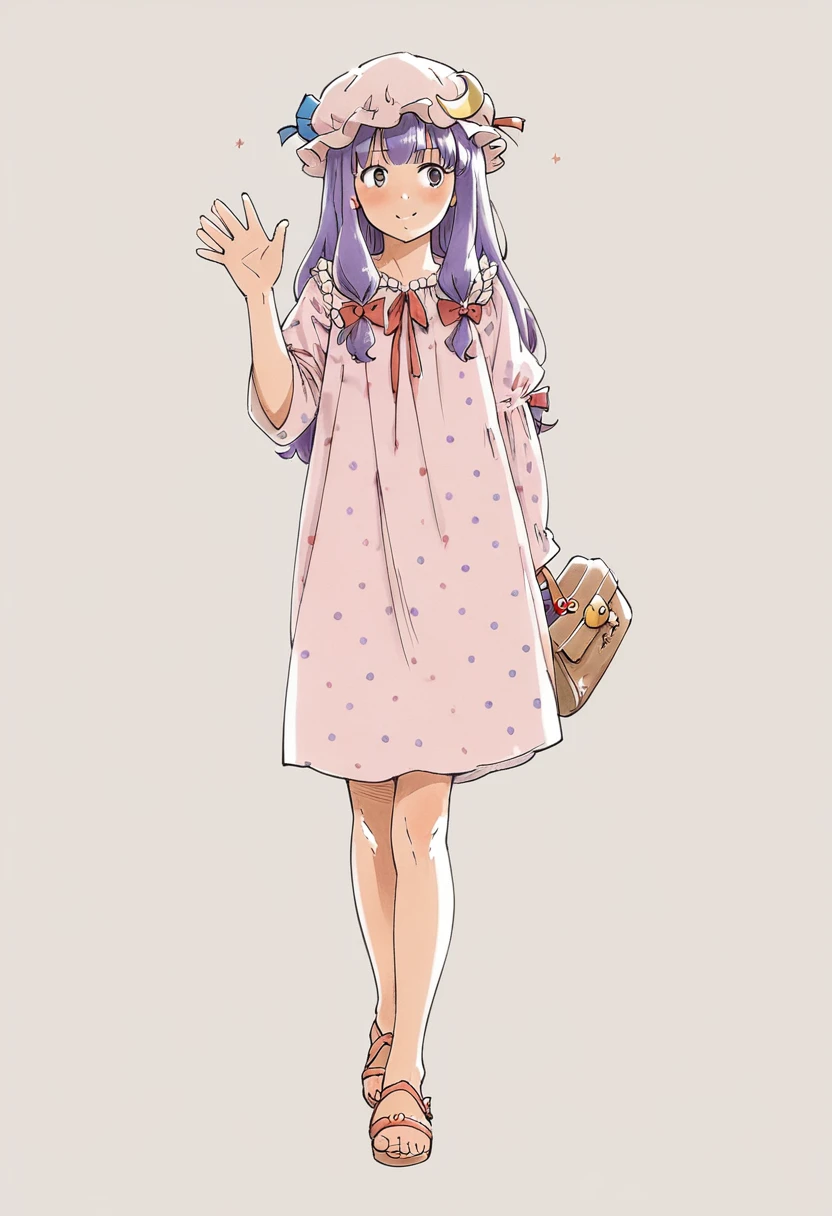 (score_9, score_8_up:1.1),score_7_ up,highly detailed,
BREAK
1girl,purple hair,purle eyes,long hair,mob cap,crescent hat ornament,ribbon,dress,patchouli knowledge,waving goodbye,walking away,head turn,:P,sandals,toes,feet,