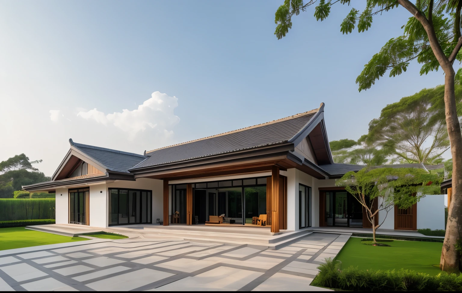 Picture a modern countryside villa exterior in Vietnam, featuring a sloped roof, ((stone)), traditional Vietnamese elements, a spacious courtyard with expansive green lawns, and tropical trees, surrounded by a lively morning atmosphere filled with genuine sunlight, Photography, use a wide-angle lens on a professional-grade camera to capture the authenticity of the scene,
RAW photo, (high detailed skin:1.2), 8k UHD, DSLR, soft lighting, high quality, film grain, Fujifilm XT3 A traditional Vietnamese single-story villa exterior, sloping roof, black roofing, white walls adorned with wood and stone accents, serene design, masterpiece, best quality