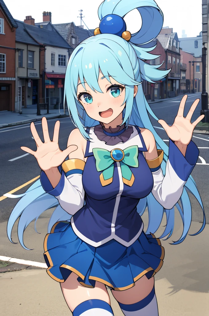 masterpiece, best quality, highres, aaaqua, long hair, blue hair, hair rings, hair ornament, choker, bare shoulders, green bow, blue shirt, detached sleeves, blue skirt, thighhighs, smile, open mouth, standing, waving, town,