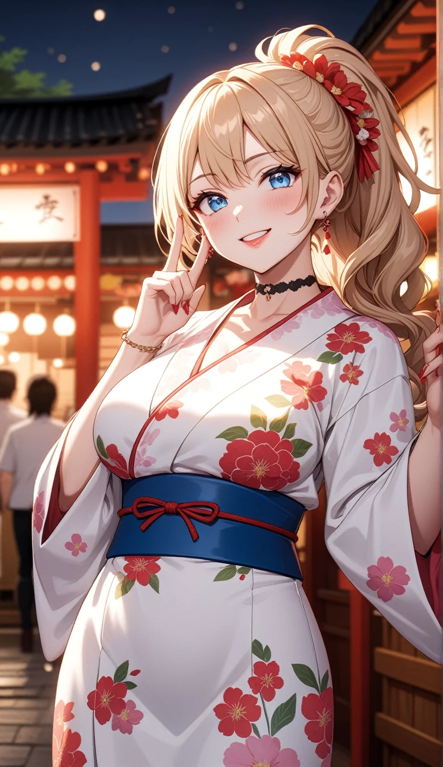 ((one girl)), hyper detailed, absurdres, 8K,Cute face, Beautiful Face, (Laugh shyly), ((laugh:1.3)), ((Wink:1.8)), (Laugh with your mouth wide open),(Tilt your head:1.3), ((Doing sexy poses:1.3)), View your viewers, ((Bright red cheeks:1.6)),Glossy Red Lips, ((Big Breasts:1.4)) night, Shrine festival stalls, (Brighten your face), ((Anime style background)),masterpiece, Highest quality, so beautiful,Latest, Complex details, (Pink long nails), (nail art), (ring),(bracelet), (helix piercing:1.7), (Floral Choker),AI-generated, Complex,High resolution, Highest quality, super high quality,3D Images、3D Images,One person,Blonde long hair,(High Ponytail), (Wavy Hair), Anime woman posing for a photo, ((Fine grain、blue eyes、Shining Eyes:1.4)), (Squint your eyes:1.1),a hyperRealistic , hyperRealistic , Realistic,Long blonde anime woman, Smooth anime CG art, Pink large floral patternの刺繍が入った、A girl in a gorgeous kimono, ((White long-sleeved kimono)),(Pink large floral pattern) ,Long flower hair ornament,Floral Earrings,Mature Body, expensive,Abdominal muscles,Tight waist,((face focus:1.3)), (dutch angle:1.3), (front view),