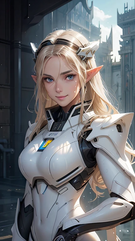 masterpiece, Highest quality, Highly detailed CG Unity 8k wallpaper,((whole body)), ((Spaceship hangar)), (Long pointy ears), Elegant long wavy platinum blonde hair, Self-illuminating skin, ((Black military uniform on white, Mech Suit, Powered Suit)), (Sweaty, wet white skin, toned and slender body), (Have a helmet), (Mechanical Circlet, Abundant geometric ornamentation), (blush), , (Captivating smile), (Very beautiful symmetrical face), Fine grain, Key Art, Awards, intricate detail realism hdr, Photorealism, Hyperrealism, Ultra-realistic, Dramatic Light, Strong Shadows, Nice views, Written boundary depth