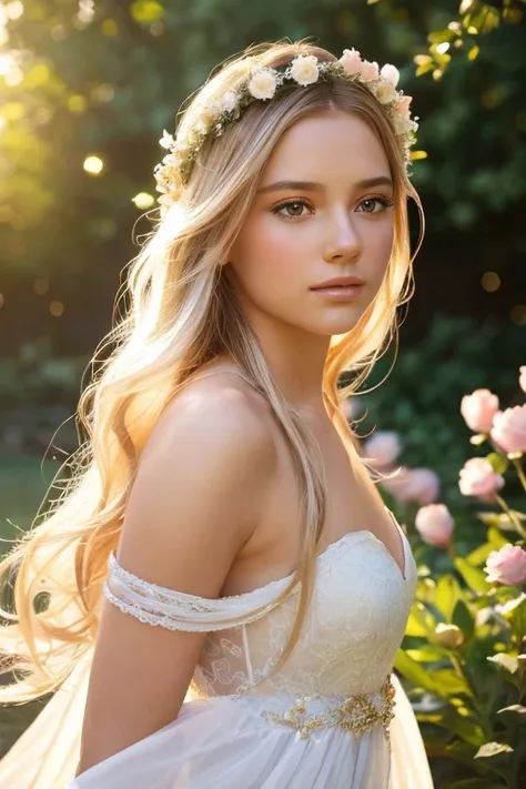 a beautiful woman, goddess of love, serene expression, flowing white dress, long flowing hair, floral crown, golden wings, petal...