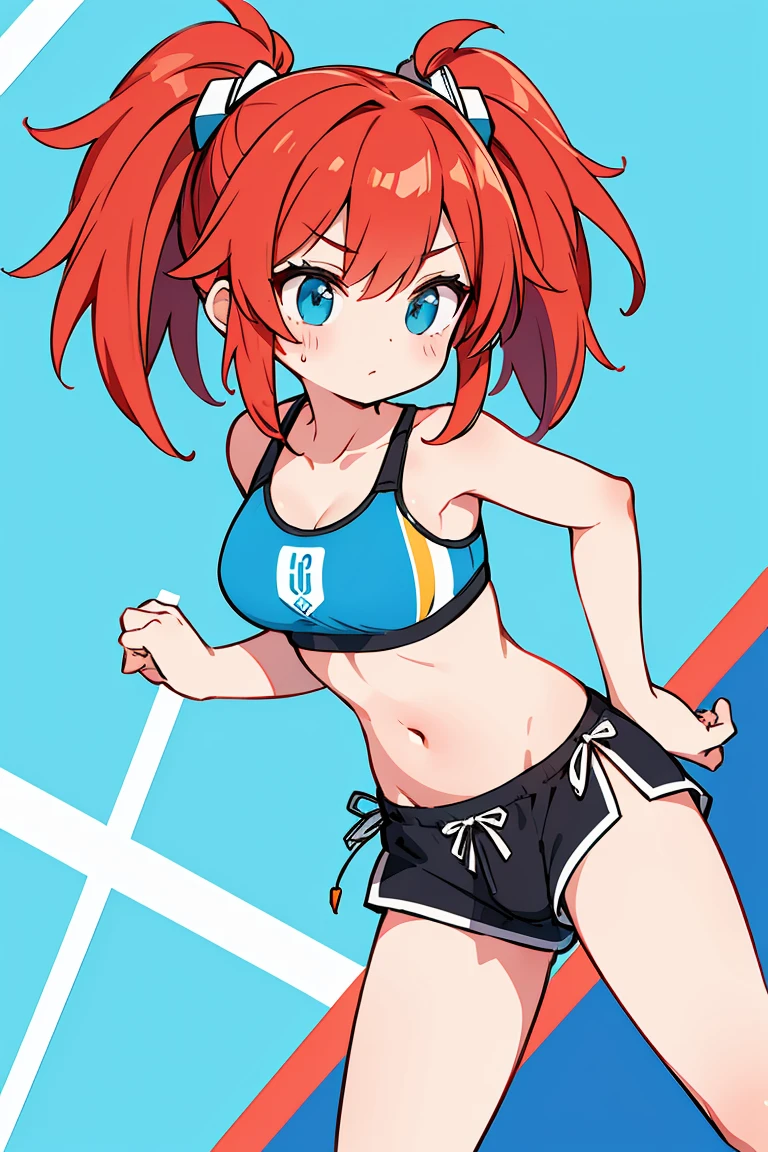 best resolution, (2heads:1.5), anime girl with two heads, orange hair, aquamarine eyes, winking, right hand behind head, left hand on hip, wearing a swimsuit, left leg bent, standing pose, natural pose, studio, white room backdrop