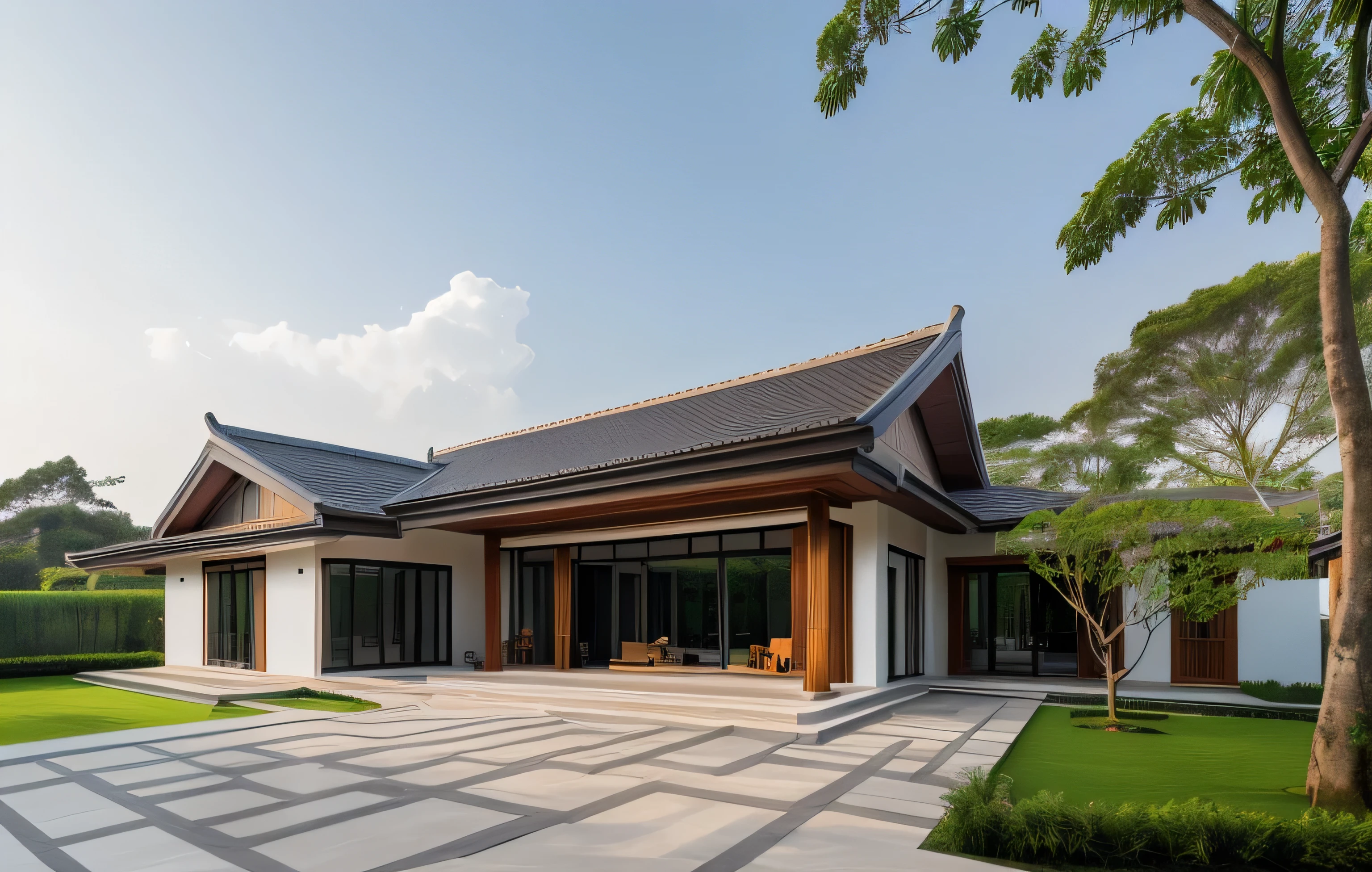 Picture a modern countryside villa exterior in Vietnam, featuring a sloped roof, ((stone)), traditional Vietnamese elements, a spacious courtyard with expansive green lawns, and tropical trees, surrounded by a lively morning atmosphere filled with genuine sunlight, Photography, use a wide-angle lens on a professional-grade camera to capture the authenticity of the scene,
RAW photo, (high detailed skin:1.2), 8k UHD, DSLR, soft lighting, high quality, film grain, Fujifilm XT3 A traditional Vietnamese single-story villa exterior, sloping roof, black roofing, white walls adorned with wood and stone accents, serene design, masterpiece, best quality