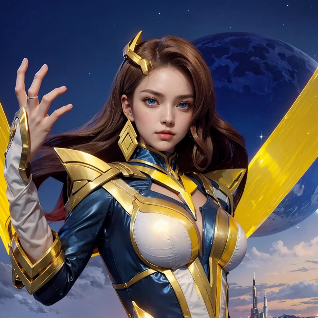 best quality, highres, masterpiece:1.2, ultra-detailed, realistic, HDR, studio lighting, vivid colors, sci-fi, portraits, Sailor Moon themed super robot, dramatic pose in space, sailor moon standing on shoulder in space suit, detailed face, elegant costume, flowing hair, glowing eyes, powerful energy beams shooting out, starry background, cosmic dust particles, dynamic composition, intense action, vibrant colors, celestial atmosphere, otherworldly lighting, ethereal glow, intergalactic adventure, heroism, mystique, majesty.