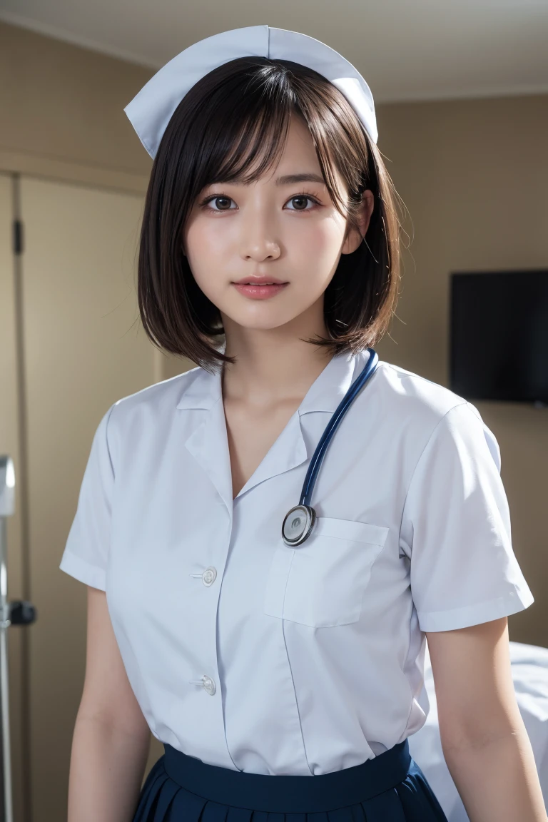 1 girl,(Wearing white nurse clothes:1.2),(RAW Photos, highest quality), (Realistic, photo-Realistic:1.4), masterpiece, Very delicate and beautiful, Very detailed, 2k wallpaper, wonderful, finely, Very detailed CG unity 8k wallpaper, Very detailed, High resolution, Soft Light, Beautiful detailed girl, Very detailed eyes and face, Beautiful and detailed nose, finely beautiful eyes, Perfect Anatomy, Black Hair, Upstyle, nurse uniform, ((nurse cap)), Long skirt, nurse, White costume, thin, hospital, clear, White Uniform, hospital room, Neck auscultation,