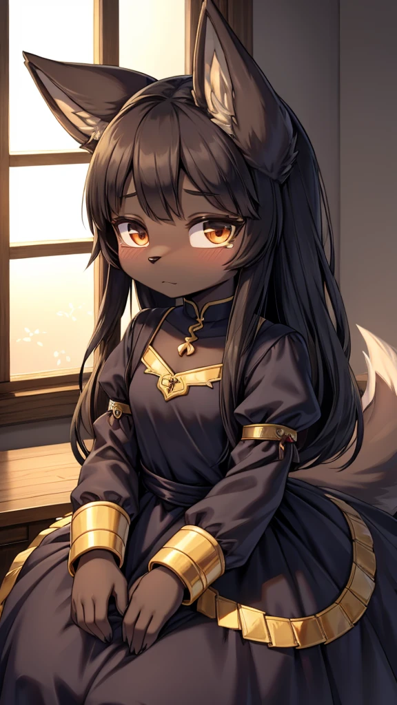 Wolf Girl，Black hair，Dark Skin，Dark skin，全身Black hair，furry，furry，hairy，hairy，cold表情，cold，cold，Three No，Three No女孩，Wolf ears，Wolf Tail，Long hair，Long hair，cold，loli，cute，Dress，晚Dress，noble风格，Dress裙，Long sleeve dress，Indoor background，cute，Dress，Close-up above the waist，flat chest，flat chest，a cup，Wolf ears，big ear，Dark Skin，Dark skin，noble，cool girl，Indoor background，Bedroom Background，Stained window glass，Soft Lighting，黑色Dress，Dress，loli，little girl，Wolf Girl，furry，拟人的Wolf Girl，Female wolves，beast