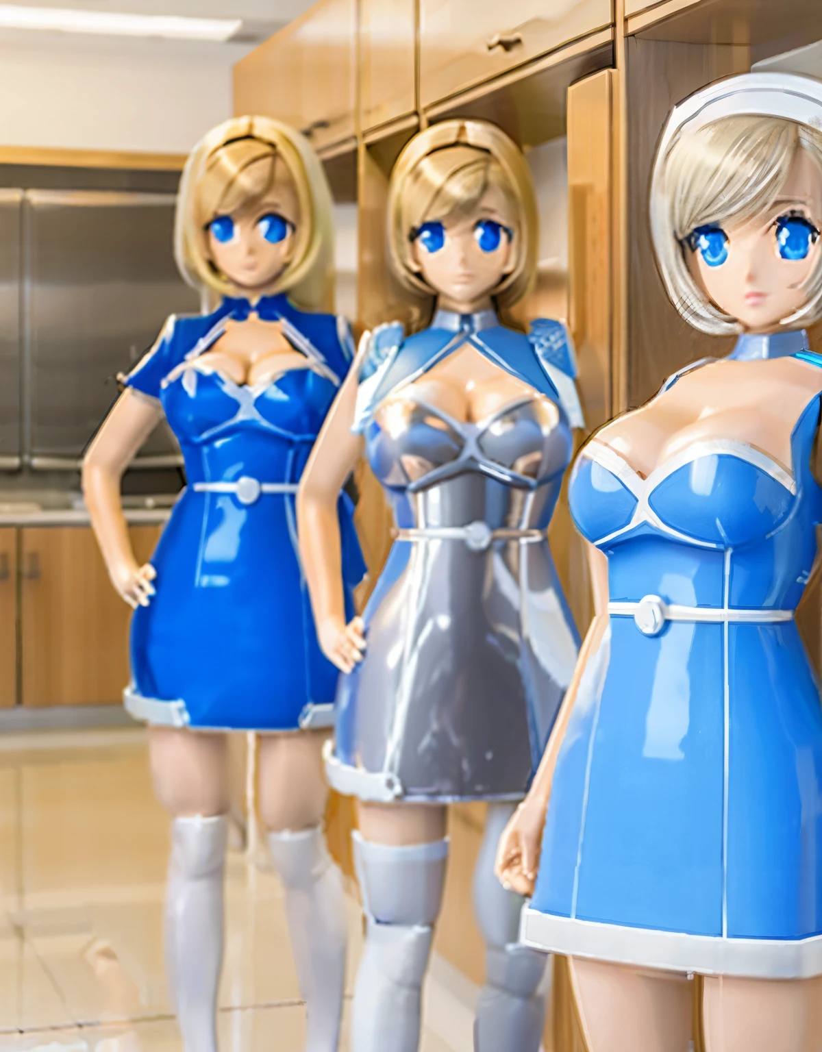 Mass-produced Android housewife assembly line, plastic skin, Blonde hair, blue eyes, blue dress, empty eyes, blank stare, large breasts,