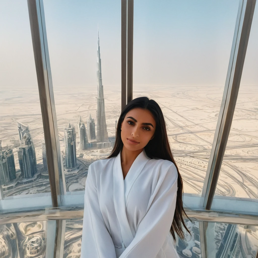 Clean girl aesthetic, selfie, looking at the camera, Burj Khalifa penthouse, trend, instagram influencer,