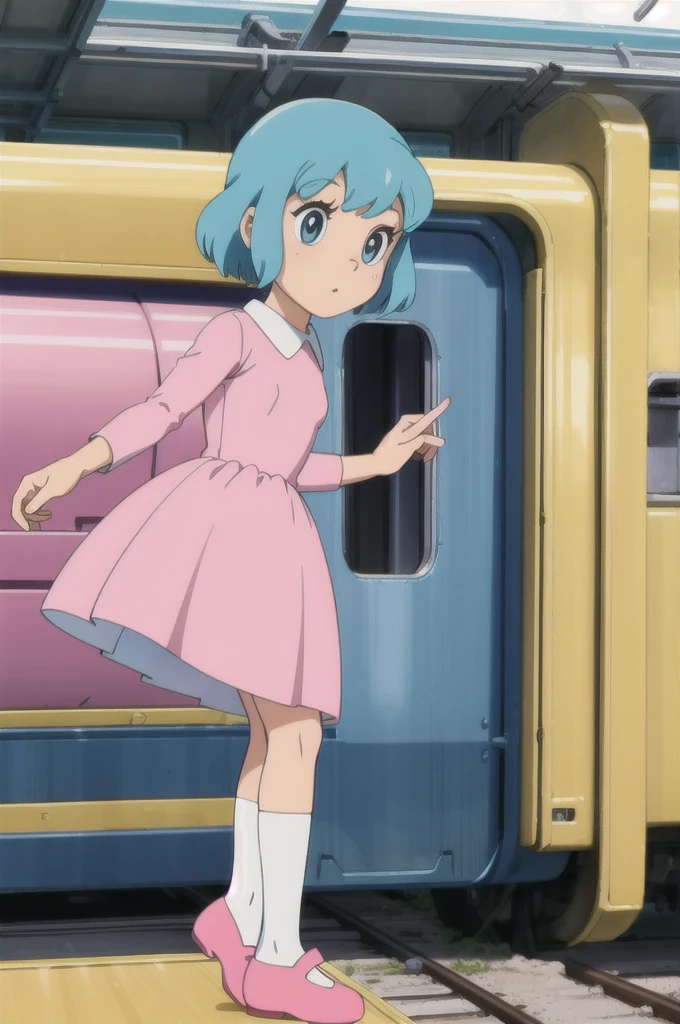 8k  of a 1960s science fiction film by Wes Anderson, Vogue 1960s, pink pastel colors, yellow, cerulean, Unripe, There are people on top of a train, naturallight, psychedelia, strange futuristic, photorrealistic, hyper detailled, sharp focus, Intrinsic, Fuji 55mm films, drsizukachan1,,dress
