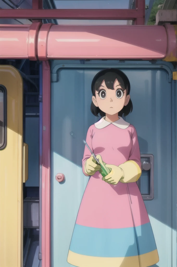 8k  of a 1960s science fiction film by Wes Anderson, Vogue 1960s, pink pastel colors, yellow, cerulean, Unripe, There are people on top of a train, naturallight, psychedelia, strange futuristic, photorrealistic, hyper detailled, sharp focus, Intrinsic, Fuji 55mm films, drsizukachan1,,dress