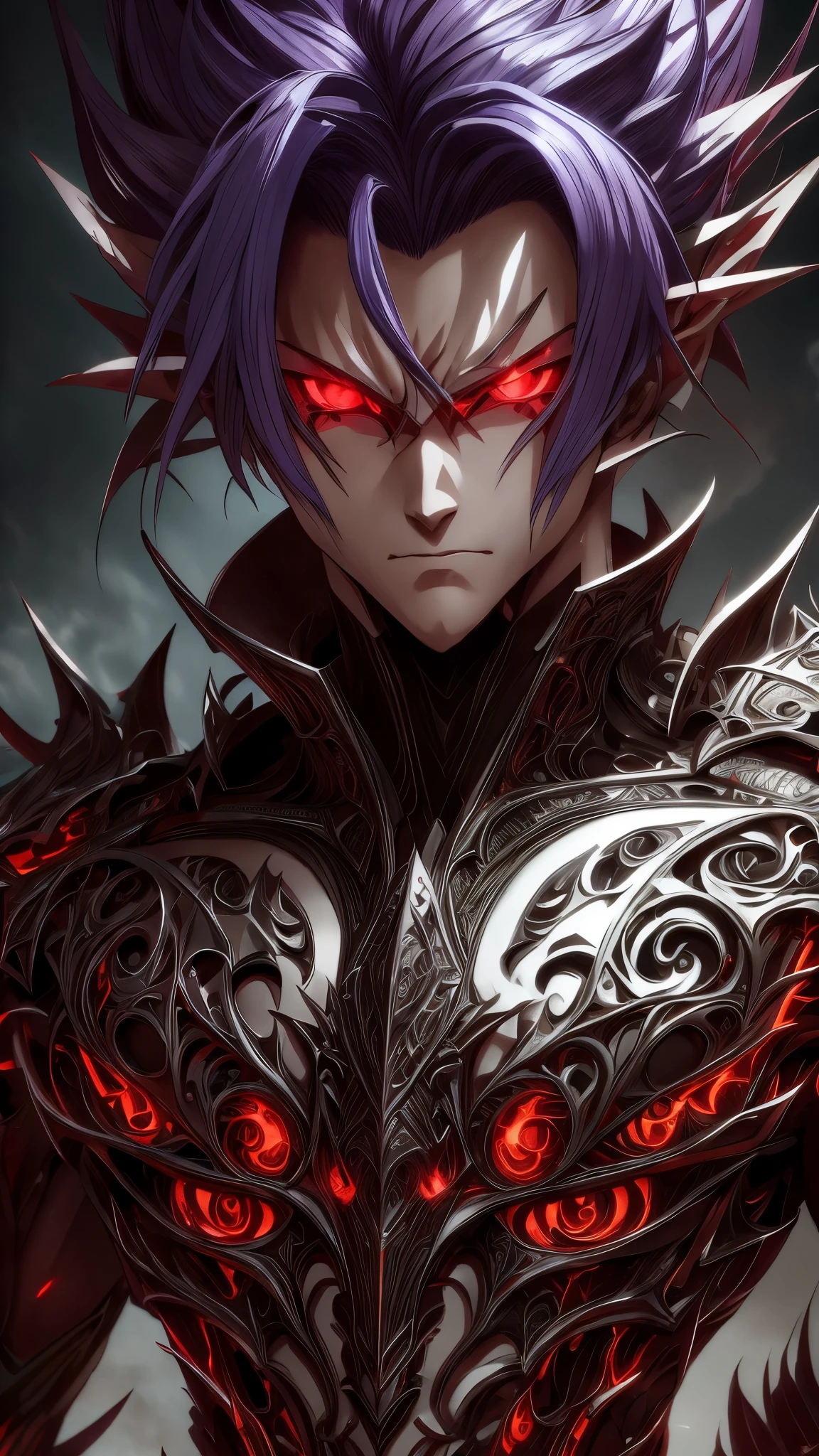 anime character with purple hair and glowing eyes in front of a dark background, handsome guy in demon slayer art, epic fantasy art style, badass anime 8 k, epic fantasy digital art style, detailed digital anime art, human male demon, portrait of hades, epic fantasy art style hd, fierce expression 4k, demon male, extremely detailed artgerm