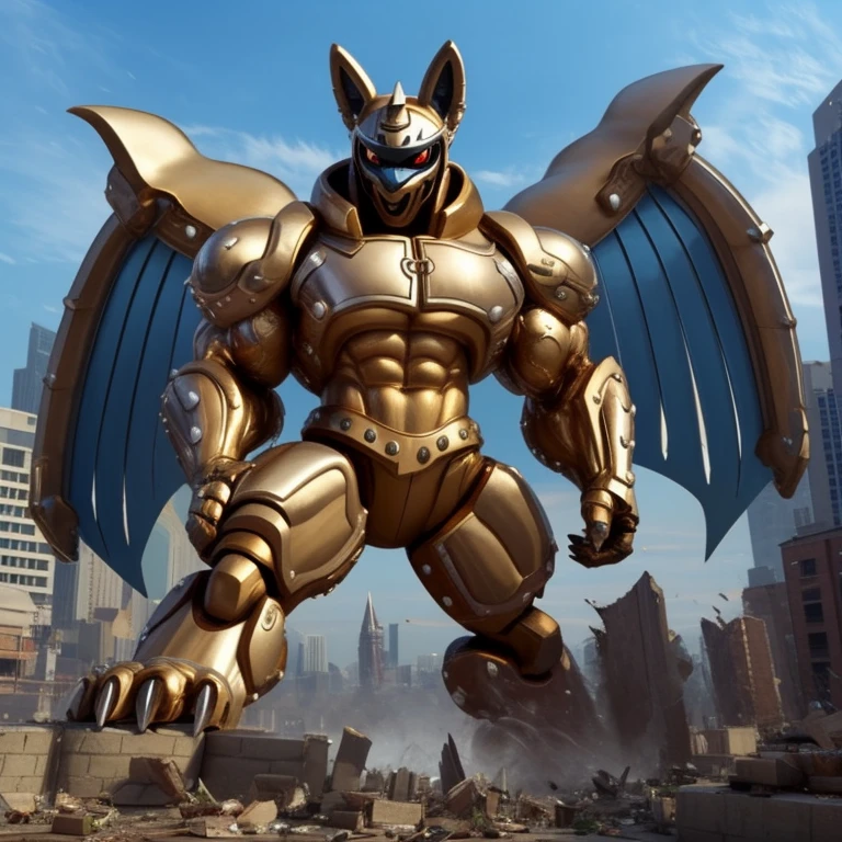 (masterpiece. official art. 8k. best quality. detailed full body. full body.)

(situation 1 : dominating LUCARIO. LUCARIO is over 1000 meters long. focus GIANT mechanical Muscular LUCARIO is trampling the city. Looking down. macro. stomp. Low-angle perspective. emphasizing the immense size.)

(situation 2 :smoke and flames rising from the destruction in the city)

(Additional details 1: BlackKnight_fe. Armor. Cape. Helmet.. high-tech bio-mecha armor. real texture material. whole body shines like metal. Wearing cyberpunk mecha. emphasizes the muscles. suit fully made of metal. intricate armor. Robotic suit. suit fully made of metal. cyborg. Powered exoskeleton with the same design as LUCARIO).

(Additional details 2: Detailed head. Detailed Body. Detailed abs. gigantic muscles. HYPER MUSCLES. Gigachad Muscular. big muscle. pecs. triceps. traps. unusually developed muscular body. body full of huge muscles. showing off muscles. pectorales enormes. Exaggeratedly huge muscles. huge muscles. long legs.).

(Additional details 3: nj5furry, Spread wings. It has wings. black have big wings. The claws are sharp. Sharp teeth.). 
