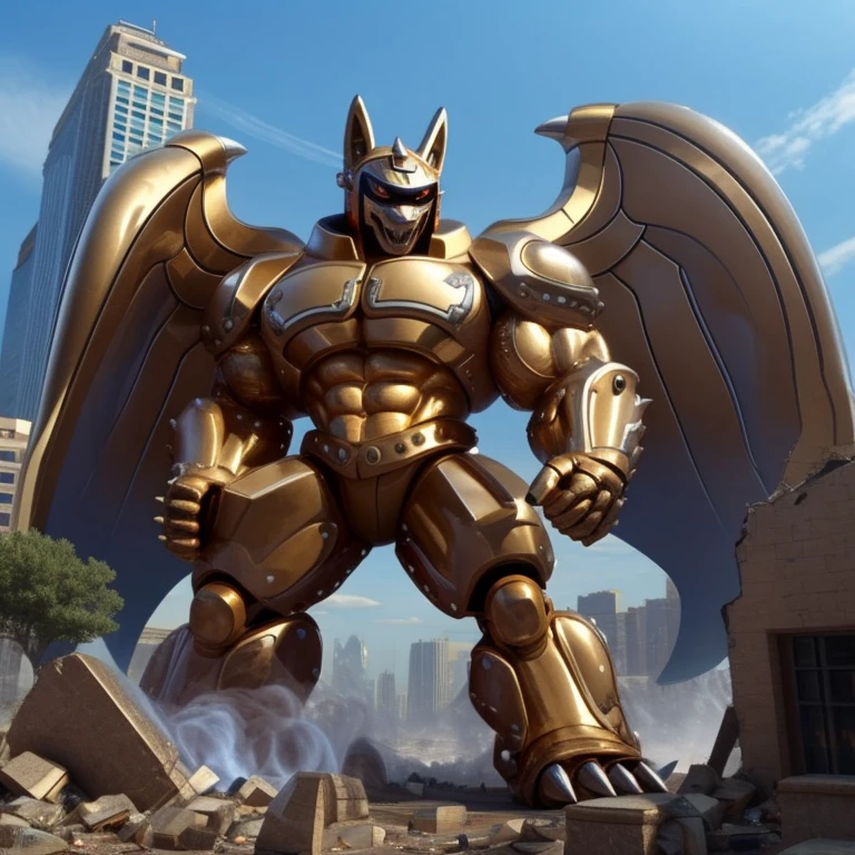 (masterpiece. official art. 8k. best quality. detailed full body. full body.)

(situation 1 : dominating LUCARIO. LUCARIO is over 1000 meters long. focus GIANT mechanical Muscular LUCARIO is trampling the city. Looking down. macro. stomp. Low-angle perspective. emphasizing the immense size.)

(situation 2 :smoke and flames rising from the destruction in the city)

(Additional details 1: BlackKnight_fe. Armor. Cape. Helmet.. high-tech bio-mecha armor. real texture material. whole body shines like metal. Wearing cyberpunk mecha. emphasizes the muscles. suit fully made of metal. intricate armor. Robotic suit. suit fully made of metal. cyborg. Powered exoskeleton with the same design as LUCARIO).

(Additional details 2: Detailed head. Detailed Body. Detailed abs. gigantic muscles. HYPER MUSCLES. Gigachad Muscular. big muscle. pecs. triceps. traps. unusually developed muscular body. body full of huge muscles. showing off muscles. pectorales enormes. Exaggeratedly huge muscles. huge muscles. long legs.).

(Additional details 3: nj5furry, Spread wings. It has wings. black have big wings. The claws are sharp. Sharp teeth.). 
