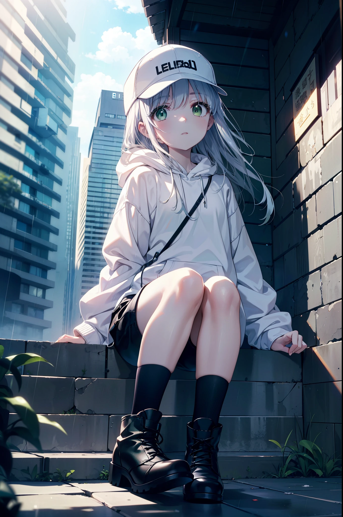 index, index, (Green Eyes:1.5), Silver Hair, Long Hair, (Flat Chest:1.2),Baseball hats,Oversized white hoodie,Shorts,black tights,short boots,Sitting on the steps of a building leaning against a wall,Hiding in a roofed building,rain,cloudy,whole bodyがイラストに入るように,
break looking at viewer, whole body,
break outdoors, In town,
break (masterpiece:1.2), Highest quality, High resolution, unity 8k wallpaper, (figure:0.8), (Beautiful attention to detail:1.6), Highly detailed face, Perfect lighting, Highly detailed CG, (Perfect hands, Perfect Anatomy),